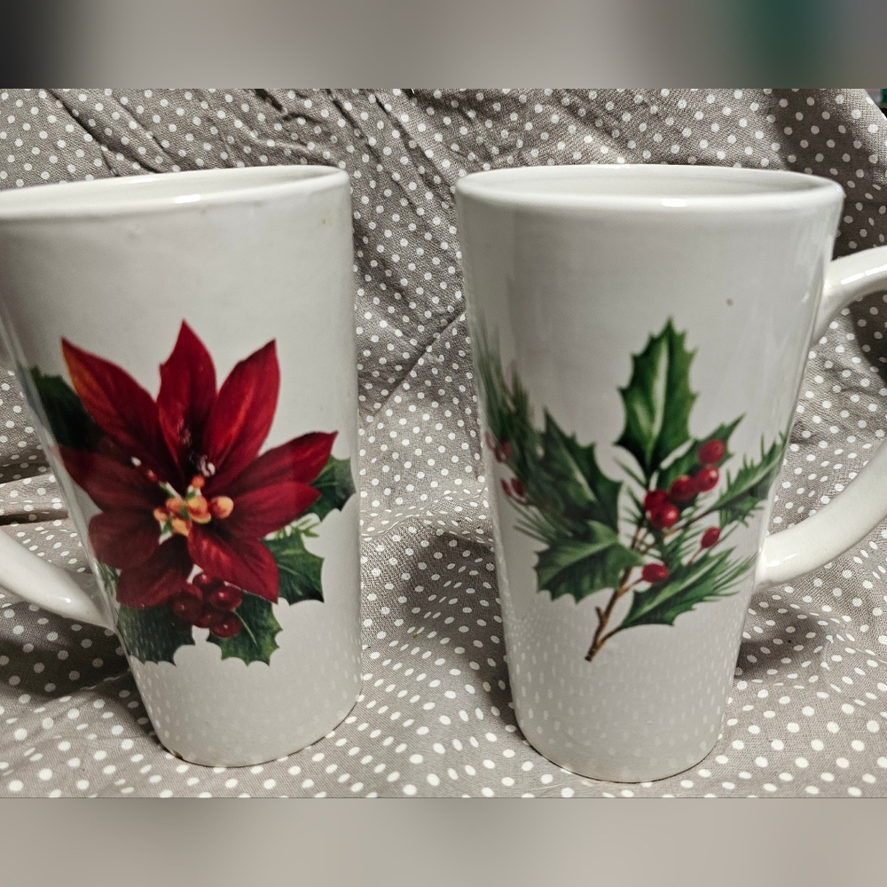 Festive White Ceramic Mugs with Red Poinsettia and Green Holly